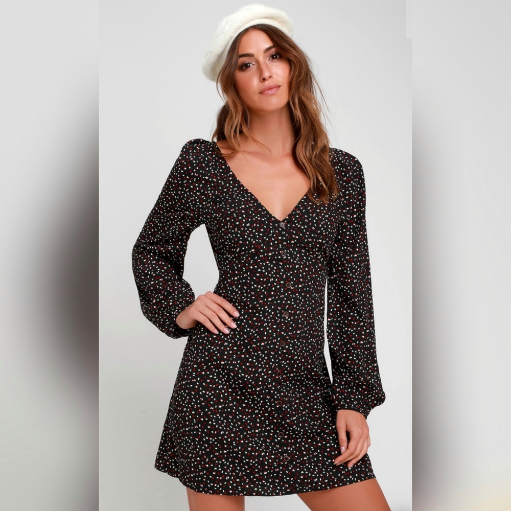 Vista Black Print Tie-Back Long Sleeve Dress